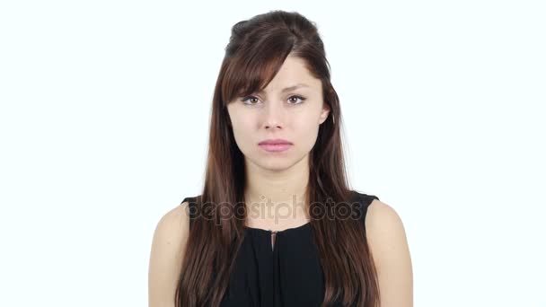 Portrait of Sad Young Girl, White Background — Stock Video