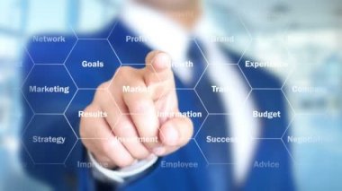 Güvenlik, işadamı holografik arayüzü, hareketli grafikler üzerinde çalışma