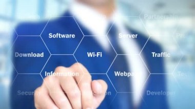 Internet sunucusu, sanal arabirim, görsel ekran üzerinde çalışan adam