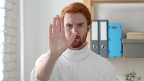 Stop Sign, Man with Red Hairs  Gesturing with Hand — Stock Video