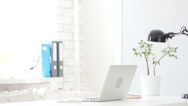 Afro-American Man kommer till kontoret, börjar arbeta på Laptop — Stockvideo