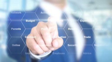 Öğrenci, holografik arayüzü, görsel ekran üzerinde çalışan adam