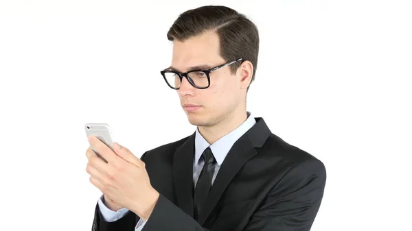 Geschäftsmann oder erfolgreiche Arbeit am Smartphone, im Internet surfen, Portrait — Stockfoto