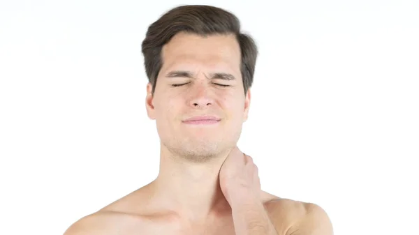 Close up of young  man with closed eyes, clenched teeth  - neck pain concept — Stock Photo, Image