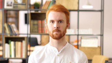 Kamerada, tasarımcı, kırmızı saçlı sakallı adam ofisinde arıyor