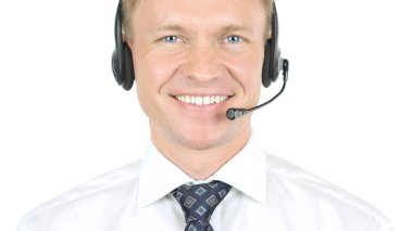 Yardım hattı, operatör kulaklık ile gülümseyen