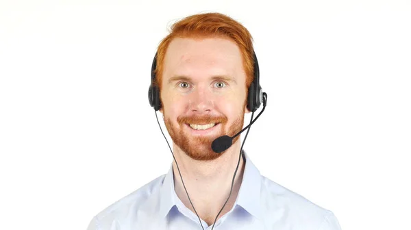 Adam kulaklık, Çağrı Merkezi, müşteri servisi ile gülümseyen portresi — Stok fotoğraf