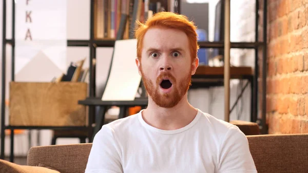Portrait of Amazed Red Hair Young Man, Loft office — Stock Photo, Image