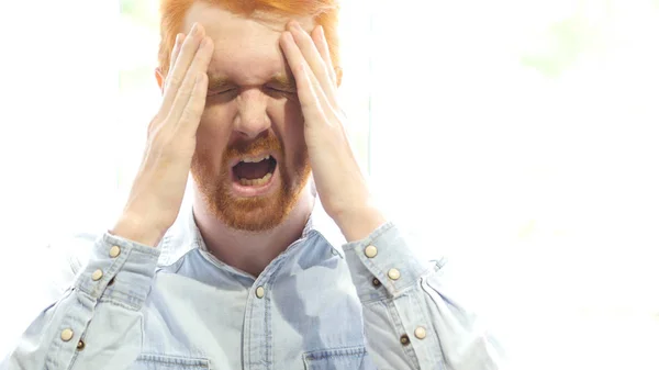 Stressful job, Headache, Work Overload for Red Hair Beard Man — Stock Photo, Image
