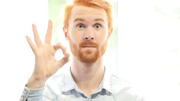 Jele az rendben van, minden jól működik, mint egy tervet, elégedett vörös haj szakáll ember — Stock Fotó