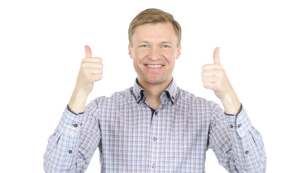 Homem mostrando polegares para cima gesto no branco — Fotografia de Stock