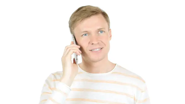 Casual Empresário ocupado conversando no telefone, isolado fundo branco — Fotografia de Stock