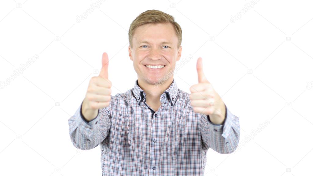 man showing thumbs up gesture on white