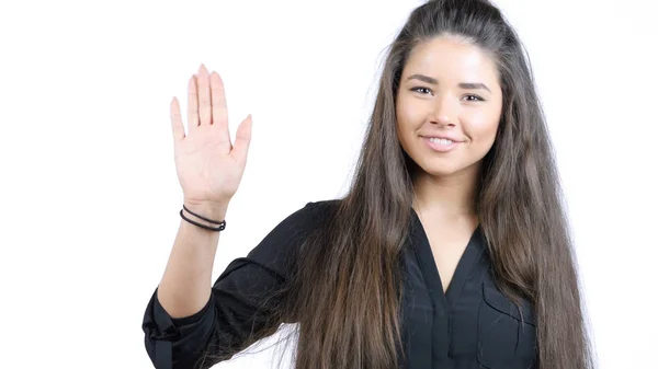 Hübsches Mädchen winkt mit der Hand, hallo — Stockfoto