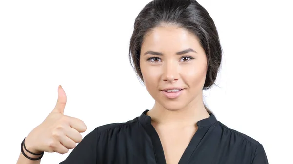 Daumen von jungen schönen Mädchen, fröhliche und sympathische Geste — Stockfoto