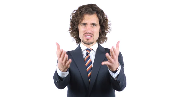 Angry businessman yelling at camera, Curly Hairs — Stock Photo, Image