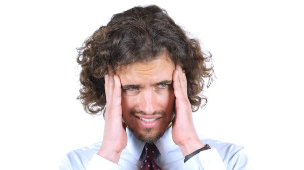 Sad, depressed tired young man , headache, Curly Hairs — Stock Photo, Image