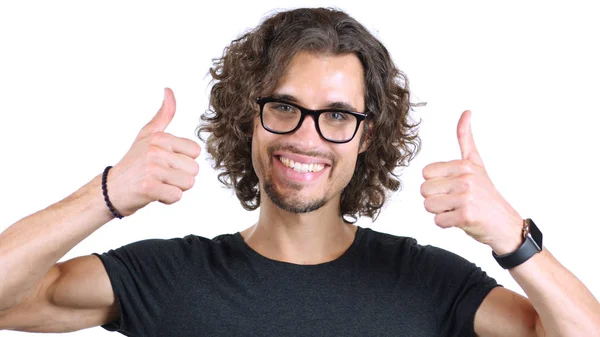 Pouces levées par l'homme dans les lunettes, fond blanc — Photo