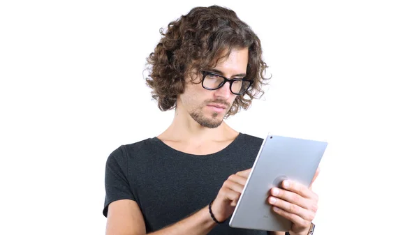 Designer in Glasses Surfing, Browsing on Tablet — Stock Photo, Image