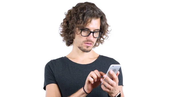 stock image Designer in Glasses Surfing, Browsing on Smartphone