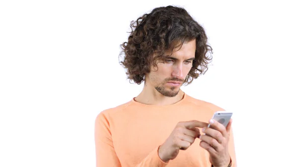 Using Smartphone for Surfing, Man with Curly Hairs — Stock Photo, Image