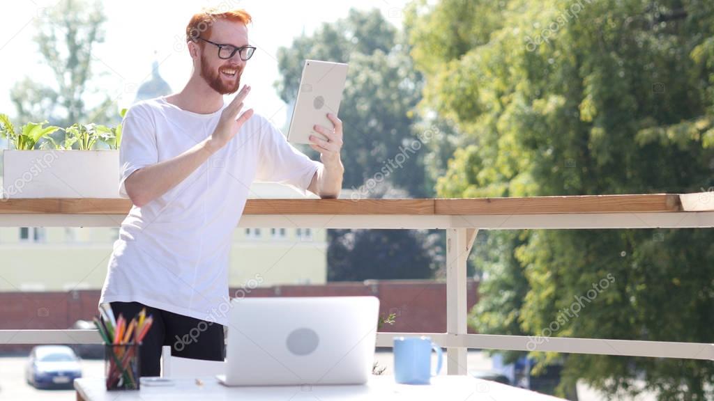 Video Conference on Tablet, Chat, Standing in Balcony Outdoor