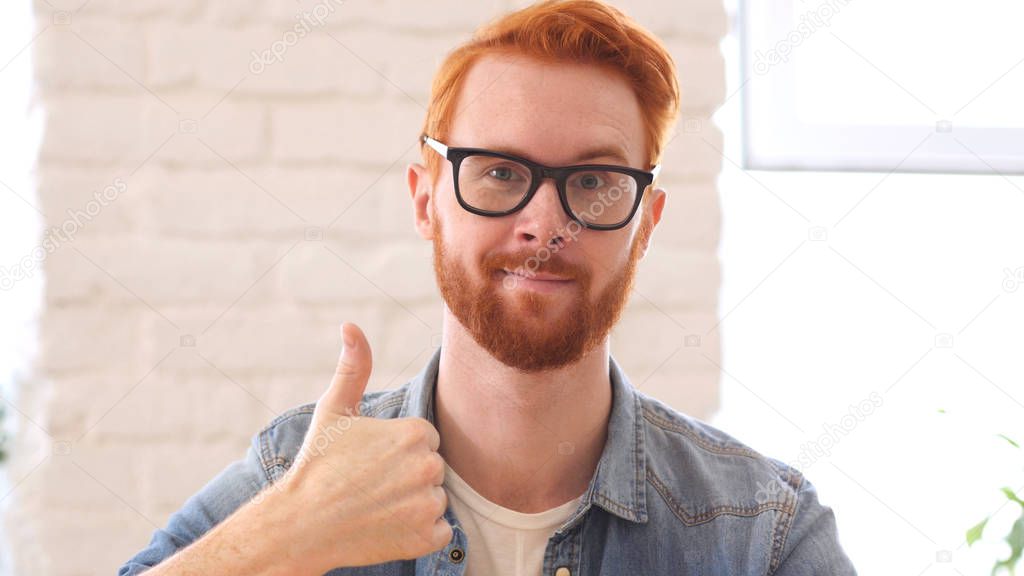 Reaction of Success, Thumbs Up, Appreciating Man with Beard and Red Hairs