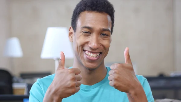 Thumbs Up by Young Afro-American Man with Both Hands, Portrait — Stock Photo, Image