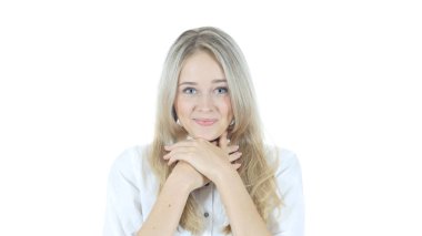 Kadın sürpriz bir şekilde, beyaz arka plan hayran