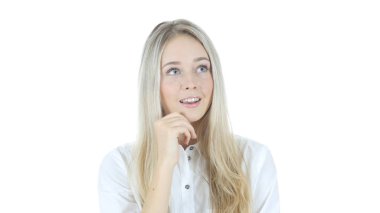 Düşünme pozitif kadın, beyaz arka plan