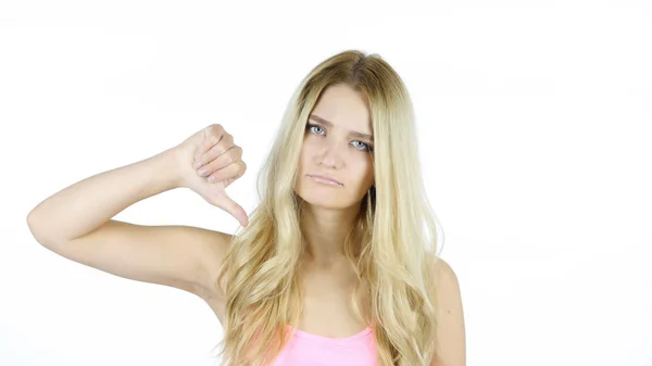 Duim omlaag door mooie vrouw, witte achtergrond — Stockfoto