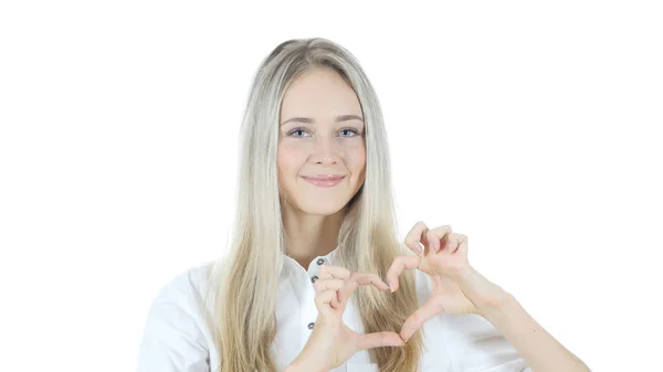 Handgemaakte hart Sign door jonge vrouw, witte achtergrond — Stockfoto