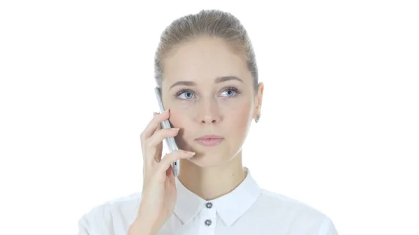 Woman Busy Talking On Smartphone, White Background — Stock Photo, Image