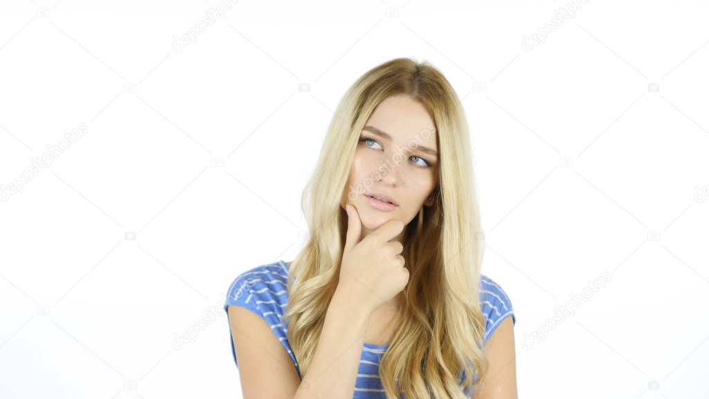 Thinking, Portrait of Pensive Woman, Planning, White Background