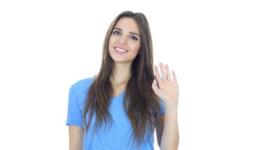 Merhaba, Merhaba, kadın el sallayarak, hoş geldiniz, portre üzerinde arka plan beyaz