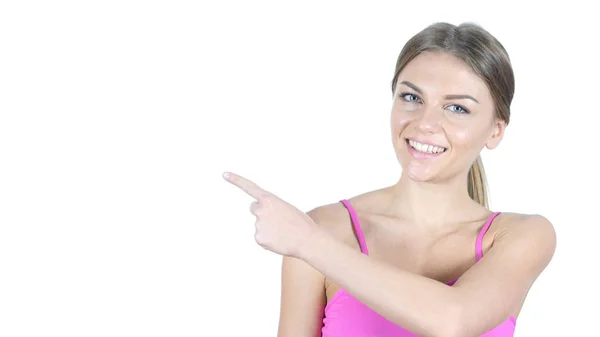 Woman Pointing Showing Aside , White Background — Stock Photo, Image