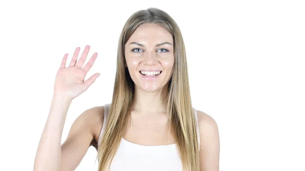 Hi, Hello,  Woman Waving Hand,  White Background — Stock Photo, Image