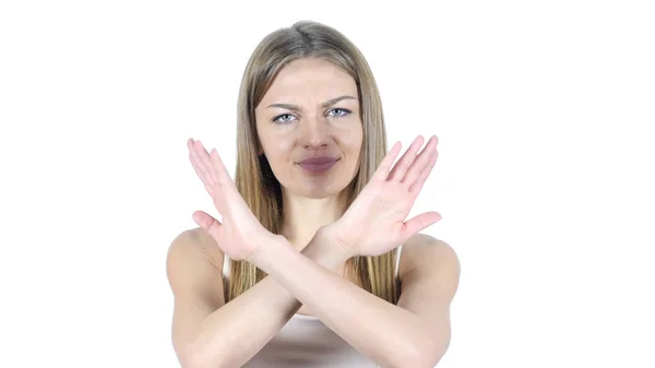 Stoppen, te verwerpen gebaar, niet door de vrouw,, witte achtergrond — Stockfoto