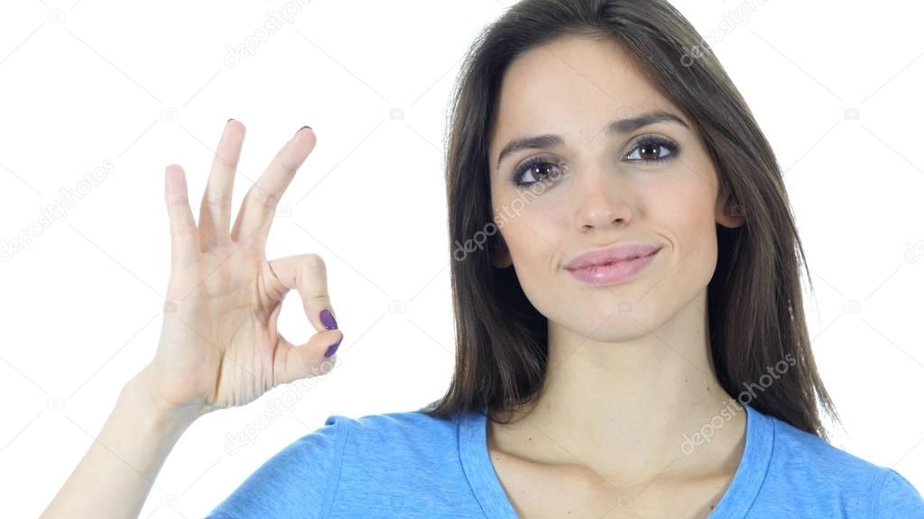 Ok Sign by Young Woman, White Background