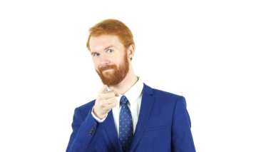 İşaret kamera, kırmızı saç sakal işadamı, beyaz arka plan