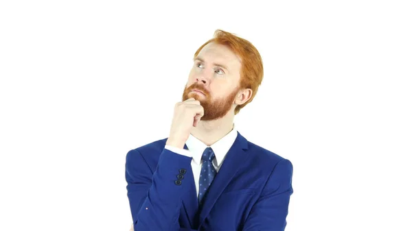 Pensando pensoso uomo d'affari barba capelli rossi, sfondo bianco — Foto Stock