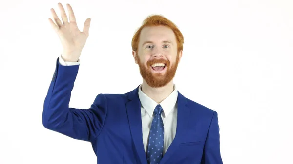 Hello gesztus, vörös hajú szakállas üzletember, integetett kézzel — Stock Fotó