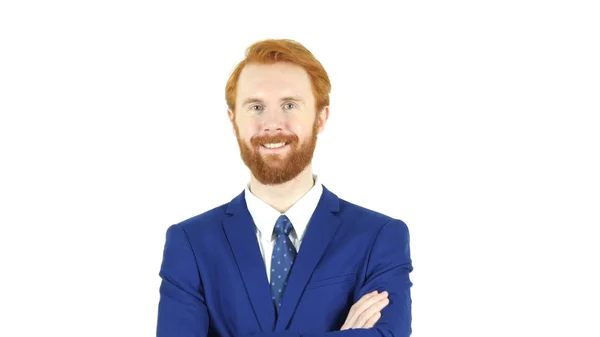 Uomo d'affari con barba rossa soddisfatta sorridente, sfondo bianco — Foto Stock