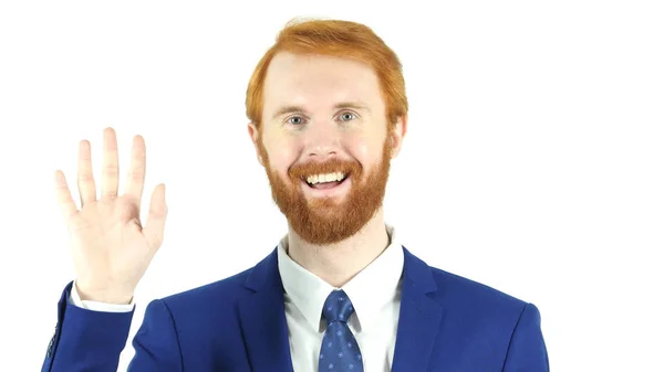 Olá Gesto por Barba de Cabelo Vermelho Empresário — Fotografia de Stock