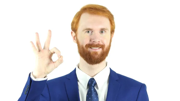 OK Assine por Barba de cabelo vermelho Empresário — Fotografia de Stock