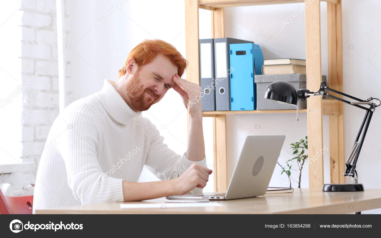 Headache, Man with Red Hairs with Head Pain and Frustration — Stock