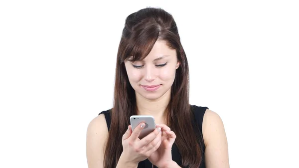 Young Girl Using Smartphone, White Background — Stock Photo, Image