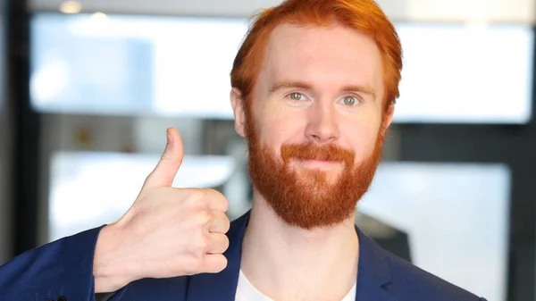 Thumbs Up by Businessman with Red Hair, Beard — Stok Foto