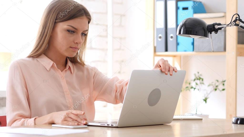 Woman Coming to Work, Opening Laptop and Starts Work