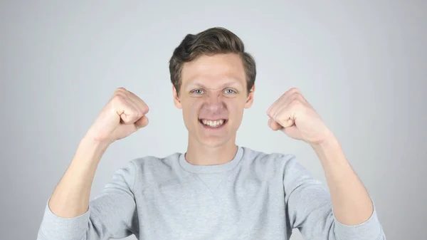 Éxito, triunfo, gesto aislado de emoción por el joven —  Fotos de Stock